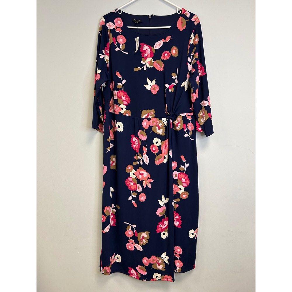 Talbots Plus Petite 16WP‎ Navy Pink Floral Midi Dress 3/4 Sleeve NWT Tie Waist